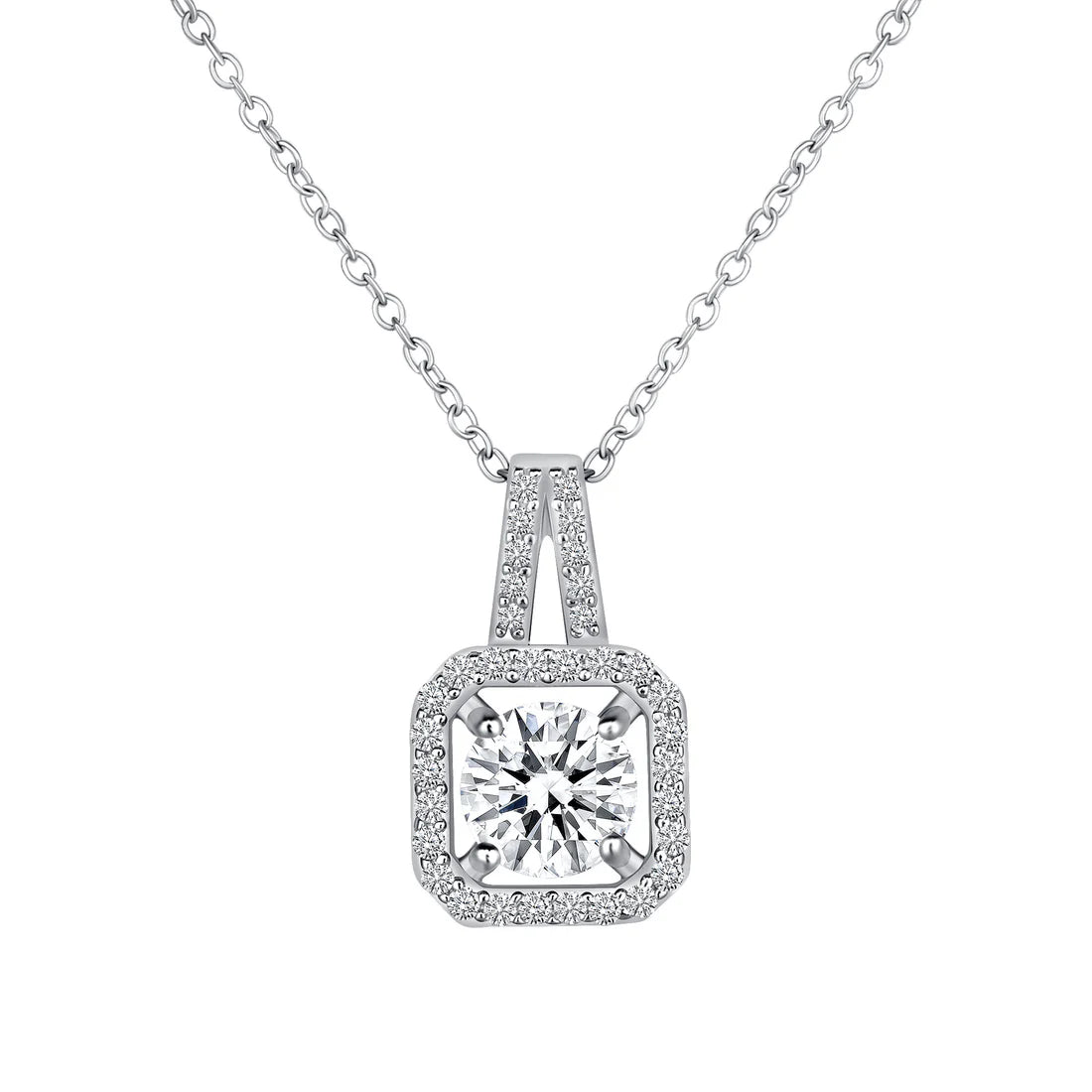 Silver 925 Round 1 Carat Moissanite Square 16" Necklace