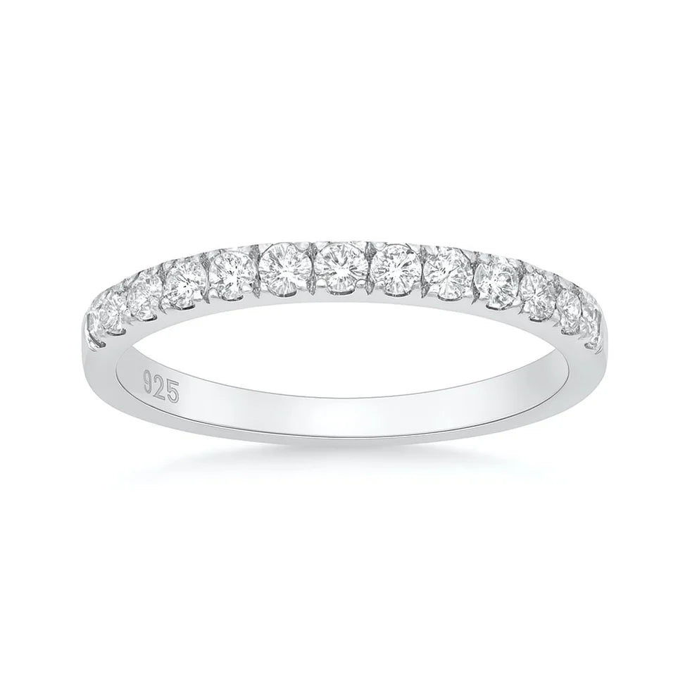 Rhodium Plated 925 Silver 2.5mm Lab Diamond Half Eternity Band Ring 0.74ct