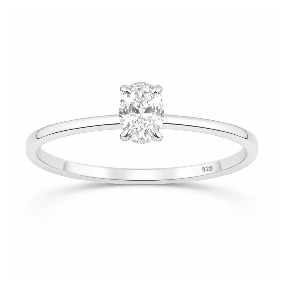 Rhodium plated 925 Silver Oval Lab Solitaire Diamond Ring 0.42ct