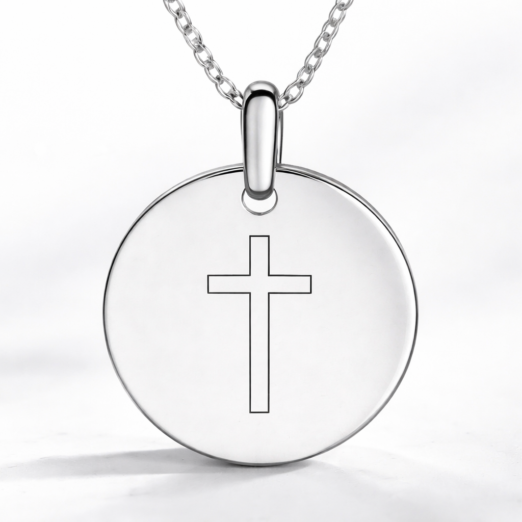 925 Sterling Silver Engraved Cross Disc Necklace