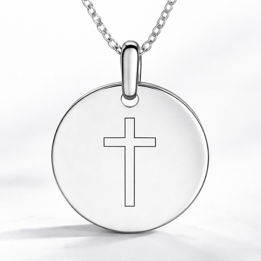 925 Sterling Silver Engraved Cross Disc Necklace