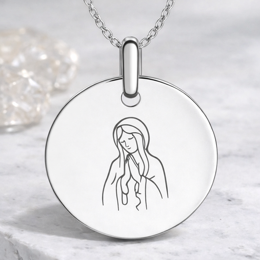 925 Sterling Silver Virgin Mary Engraved Disc Necklace