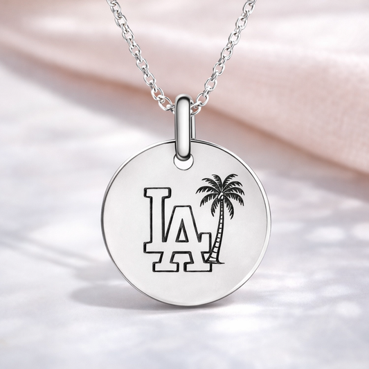 LA Palm Tree Engraved 925 Sterling Silver Disc Necklace