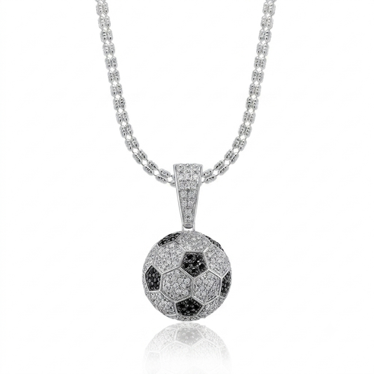 Rhodium Plated 925 Silver Soccer Pendant with Ice Chain