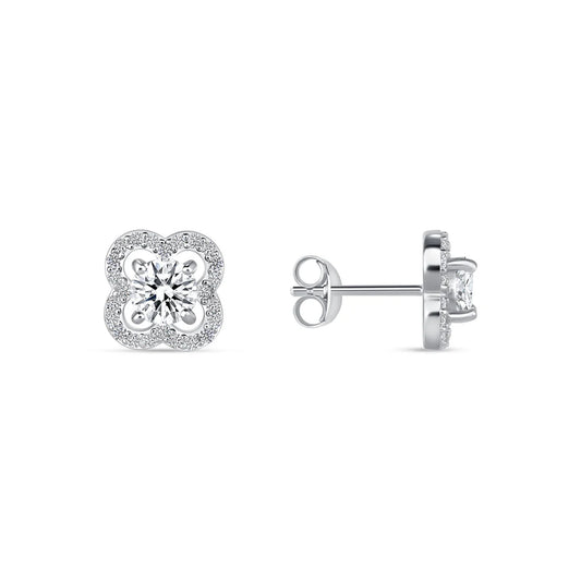 Silver 925 Rhodium Plated 5 mm Round Flower Moissanite Stud Earring