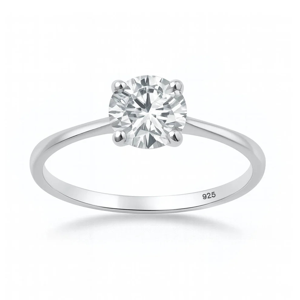 Rhodium plated 925 Silver 6.5 mm Lab Diamond Solitaire Ring 1.04ct