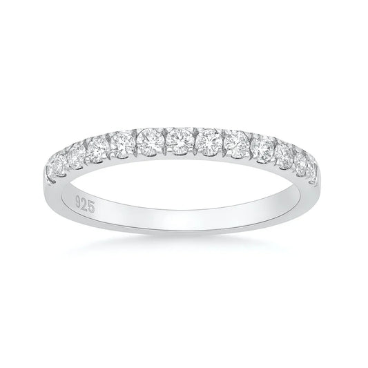 Rhodium Plated 925 Silver 2.5mm Lab Diamond Half Eternity Band Ring 0.74ct