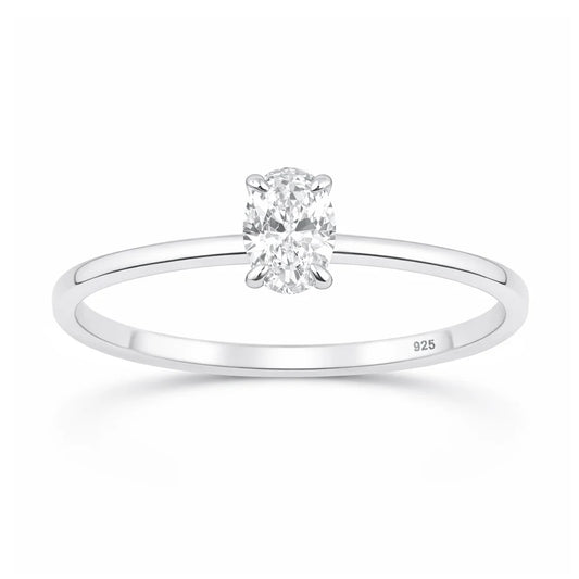 Rhodium plated 925 Silver Oval Lab Solitaire Diamond Ring 0.42ct