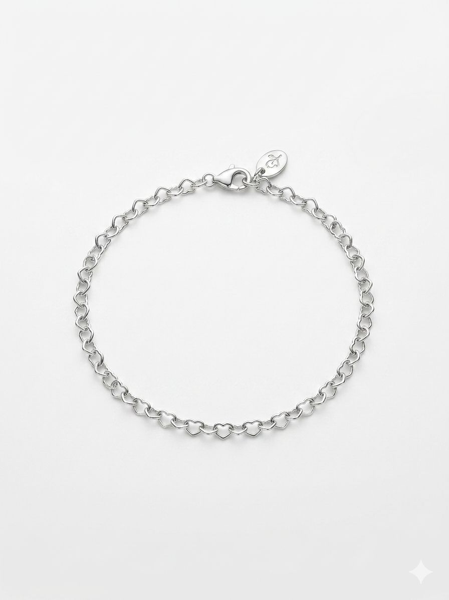High polished 925 Silver Interlocking Heart Chain Bracelet