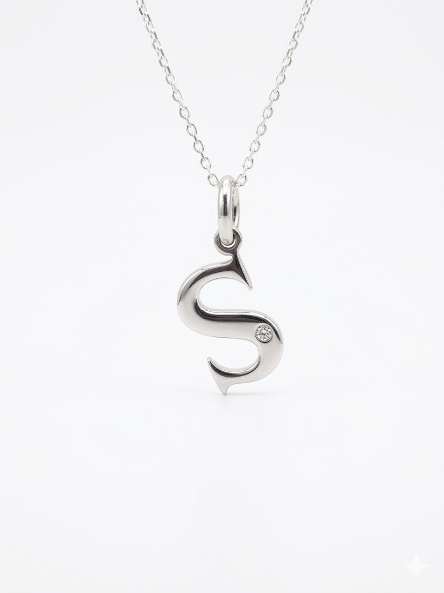 High polished 925 Silver Initial Necklaces with Natural Diamond Stone
