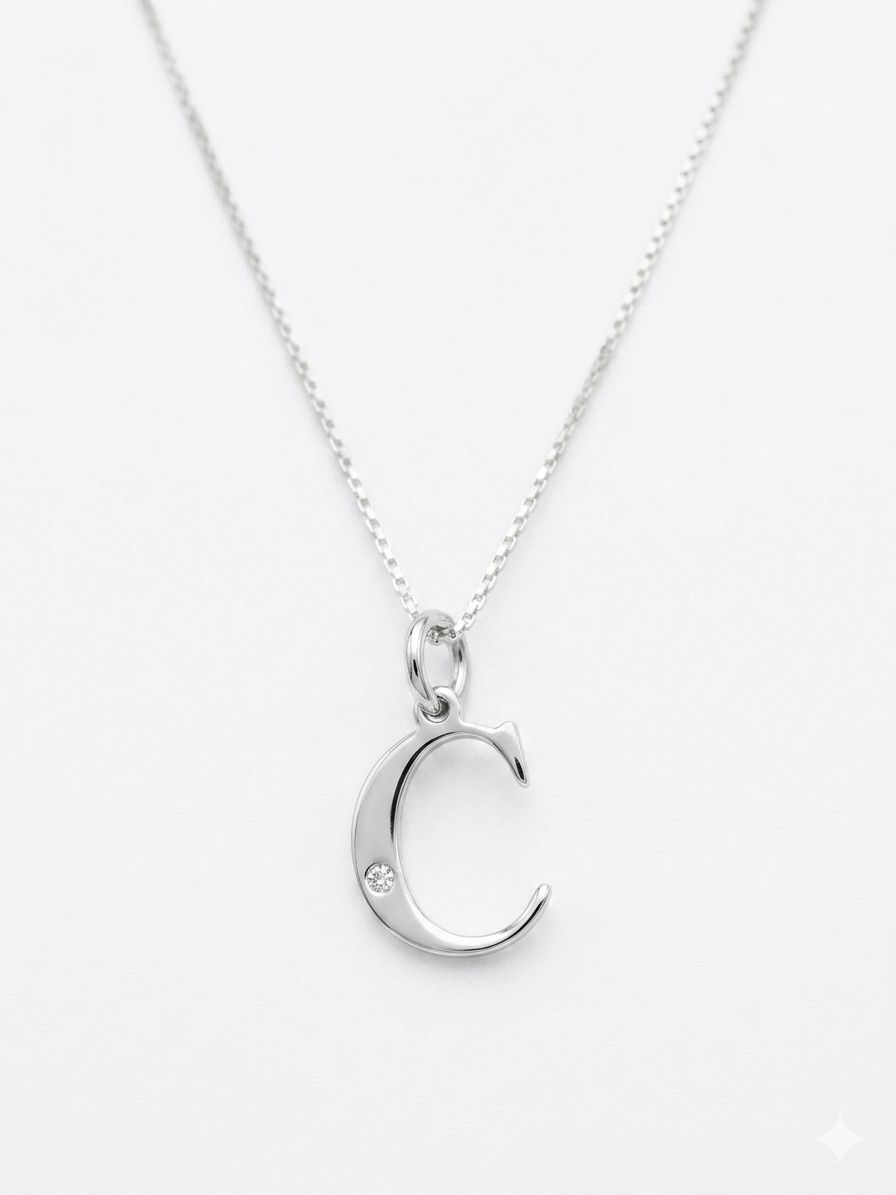 High polished 925 Silver Initial Necklaces with Natural Diamond Stone